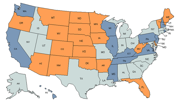 Mapa del estado para Tasadores de Propiedades Personales y Comerciales