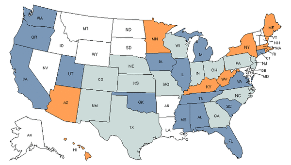 Mapa del estado para Profesores de Estudios Regionales, Étnicos y Culturales de Nivel Postsecundario