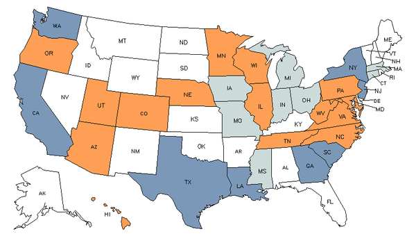 Mapa del estado para Profesores de Geografía de Nivel Postsecundario