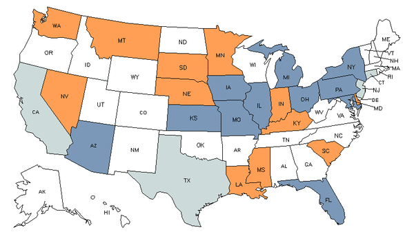 Mapa del estado para Receptores y Corredores de Apuestas de Juego y Deportes